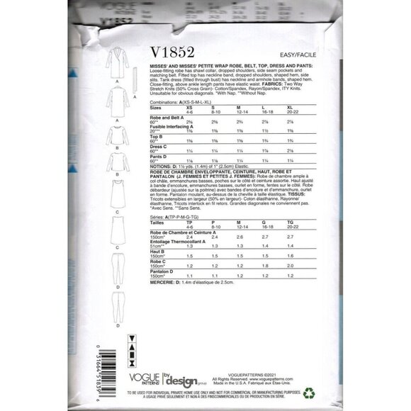 Vogue V1852 Misses XS to XL Robe, Pants, Dress and Top Uncut Sewing Pattern - Picture 2 of 2